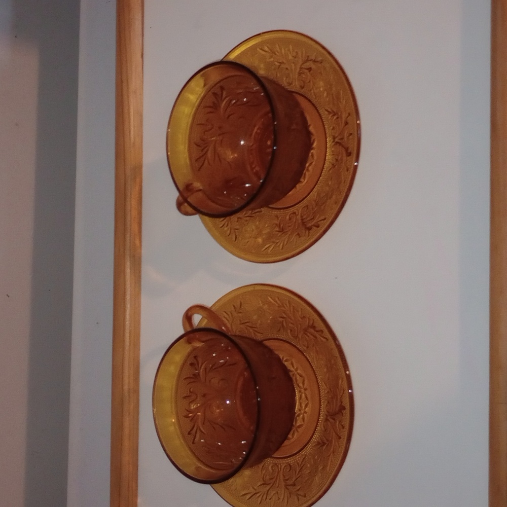 2 Amber Cups with Saucers